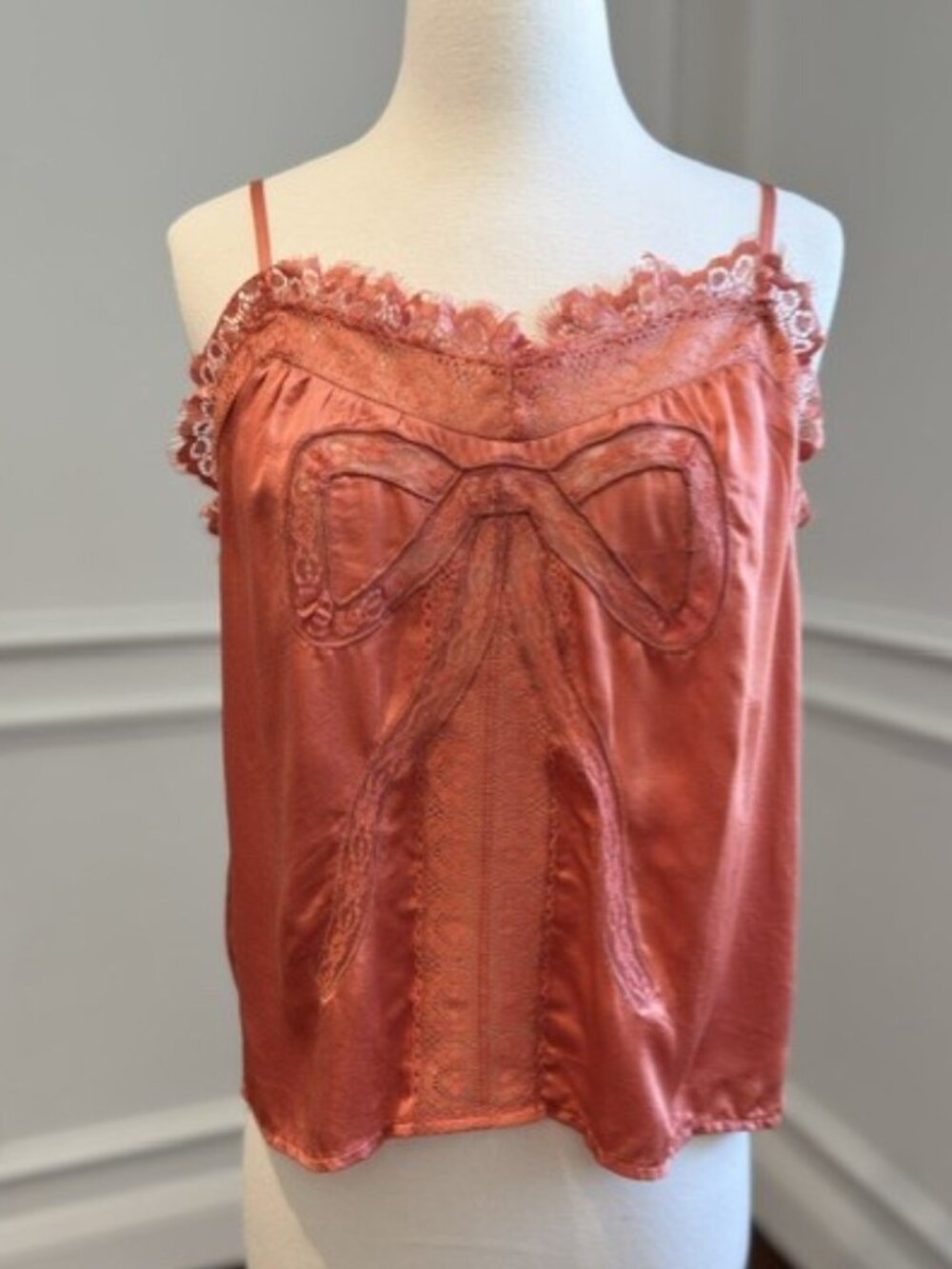 Vintage Style Satin Lace Bow Camisole Top - Burnt Orange